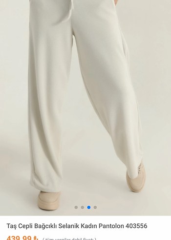 Taş Cepli Bağcıklı Beyaz Kadın Pantolon - Görsel 3