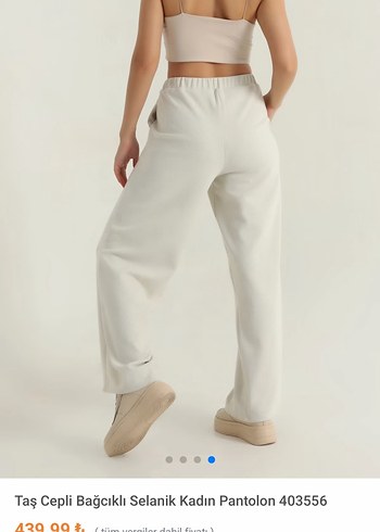 Taş Cepli Bağcıklı Beyaz Kadın Pantolon - Görsel 2
