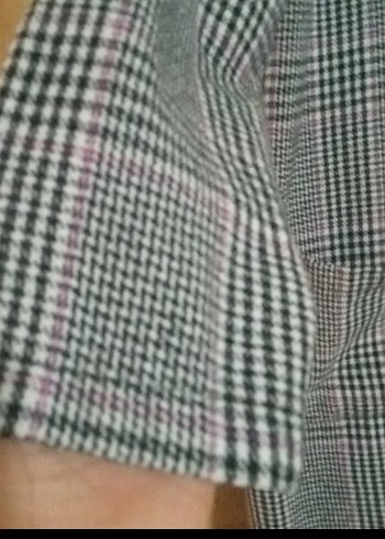 l Beden Gri Ekose Desenli Uzun Kadın Keten Kaban