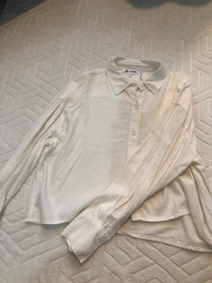 Kadın Beyaz Keten Uzun Kollu Gömlek - Görsel 2