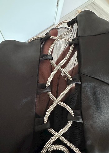 Siyah Straplez Işıltılı Bağlama Askılı Midi Elbise - Görsel 5