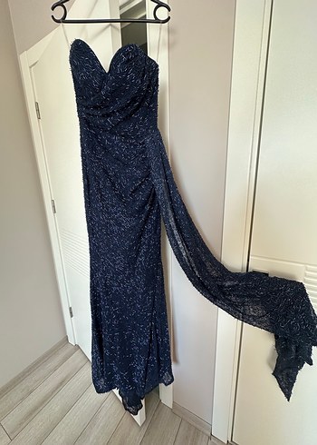 Lacivert Drapeli Uzun Straplez Abiye Elbise - Görsel 4