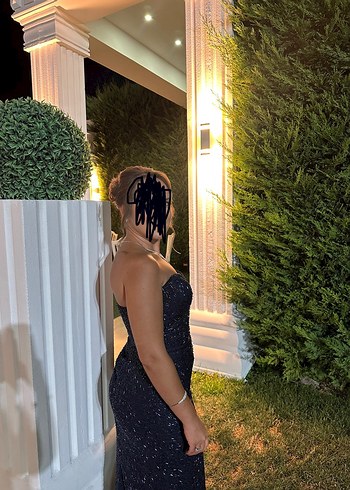 Lacivert Drapeli Uzun Straplez Abiye Elbise - Görsel 3