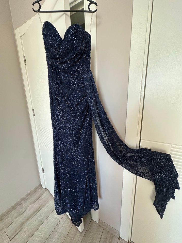 Lacivert Drapeli Uzun Straplez Abiye Elbise - Görsel 4