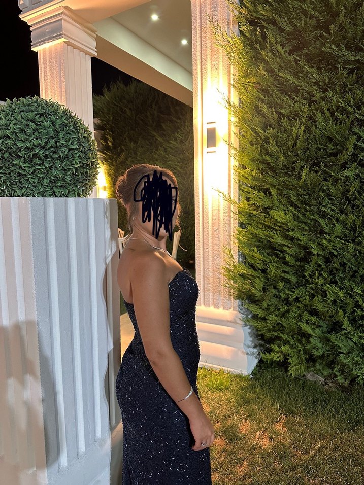 Lacivert Drapeli Uzun Straplez Abiye Elbise - Görsel 3