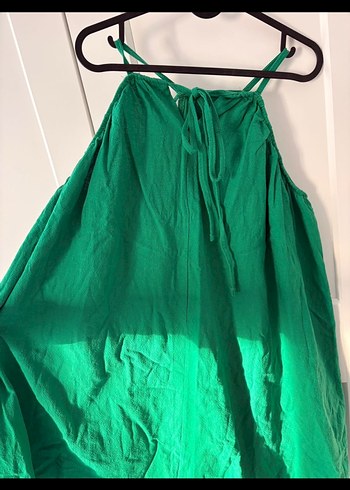 Yeşil Keten Askılı Midi Elbise - Görsel 3