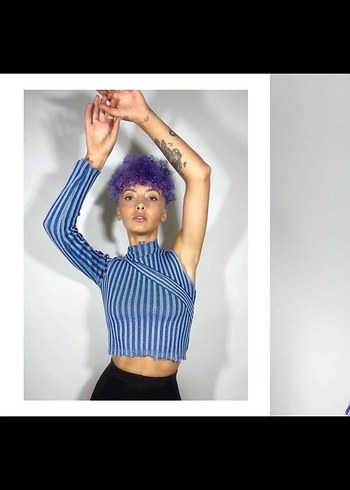 Kadın Mavi Çizgili Yüksek Yakalı Crop Top - Görsel 2