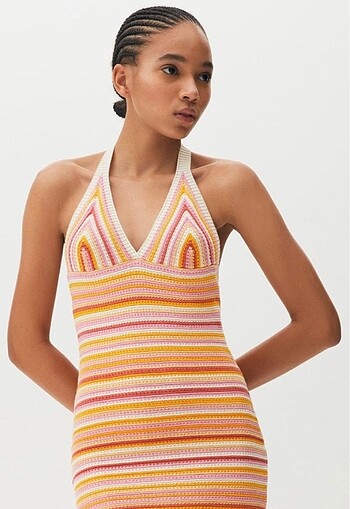 Pull and Bear Renkli Örgü Mini Elbise