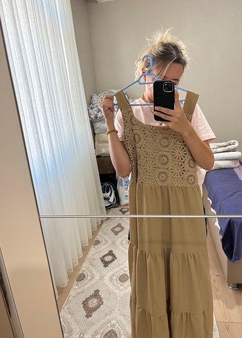 Dantel Detaylı Bej Bohem Uzun Elbise - Görsel 4