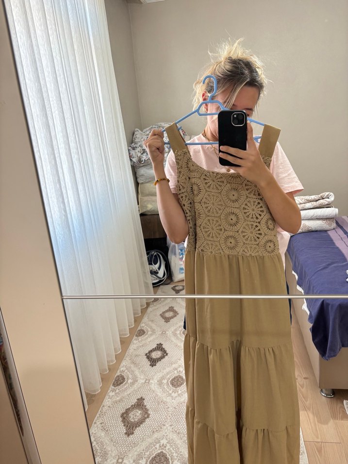 Dantel Detaylı Bej Bohem Uzun Elbise - Görsel 4