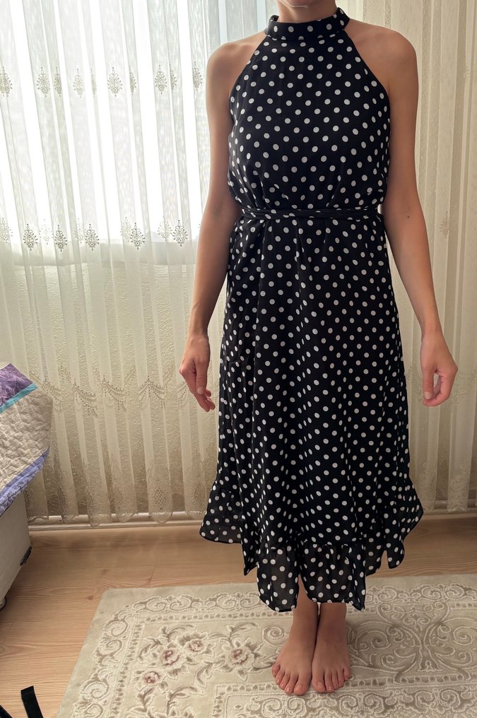 Puantiye Desenli Uzun Siyah Bohem Elbise - Görsel 2