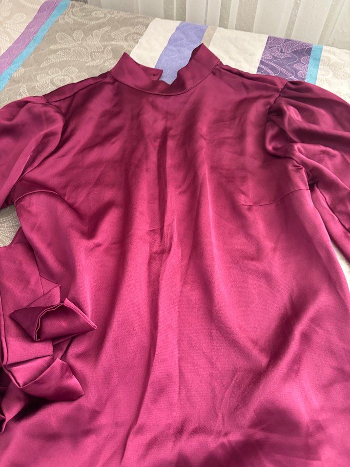 Bordo Saten Salaş Uzun Kollu Bluz - Görsel 2