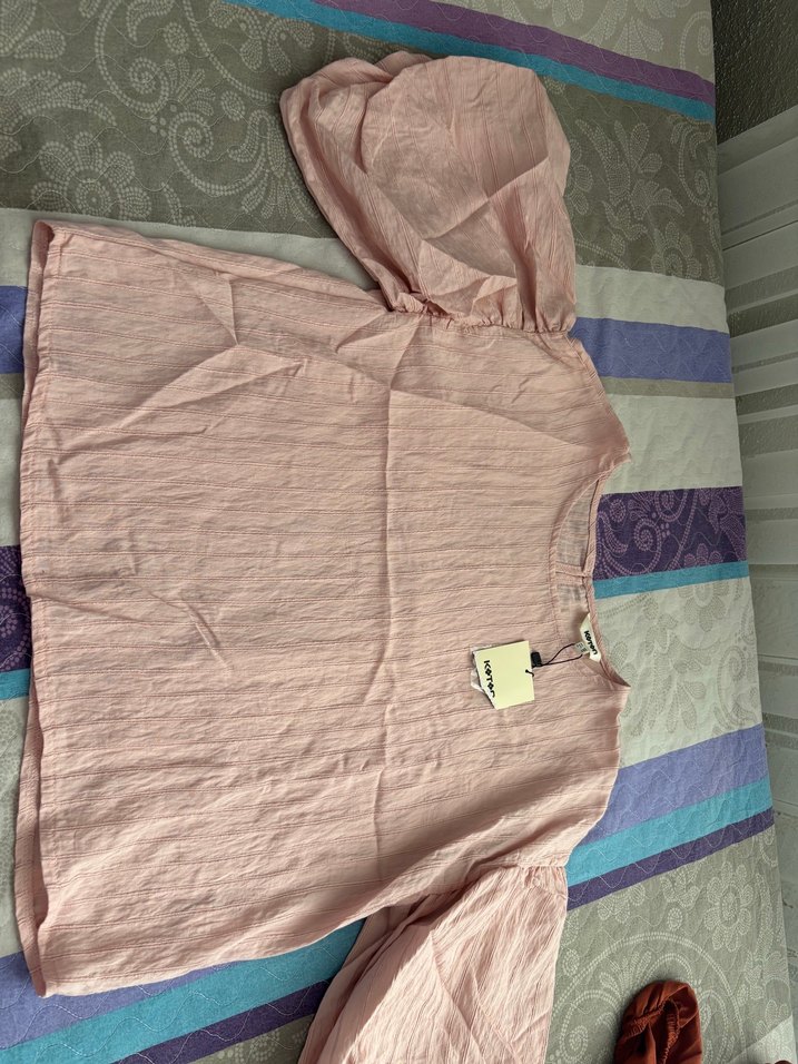 Pembe Kısa Kollu Keten Bluz - Görsel 2