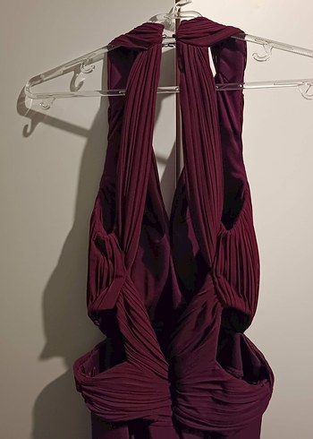 Bordo Uzun Drapeli V Yaka Kadın Abiye Elbise - Görsel 5