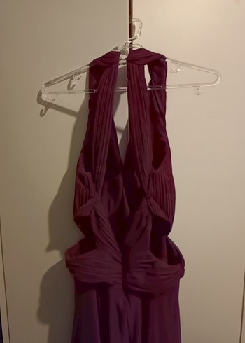 Bordo Uzun Drapeli V Yaka Kadın Abiye Elbise - Görsel 2