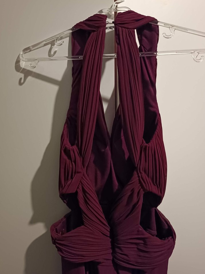 Bordo Uzun Drapeli V Yaka Kadın Abiye Elbise - Görsel 5