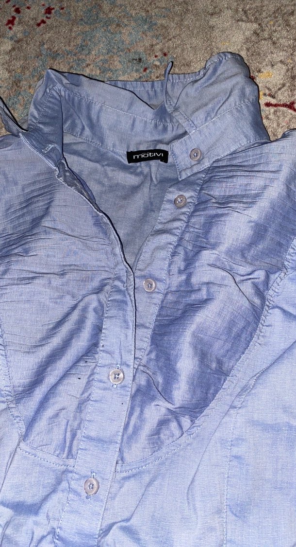 Düğmeli Mavi Keten Gömlek - Görsel 3
