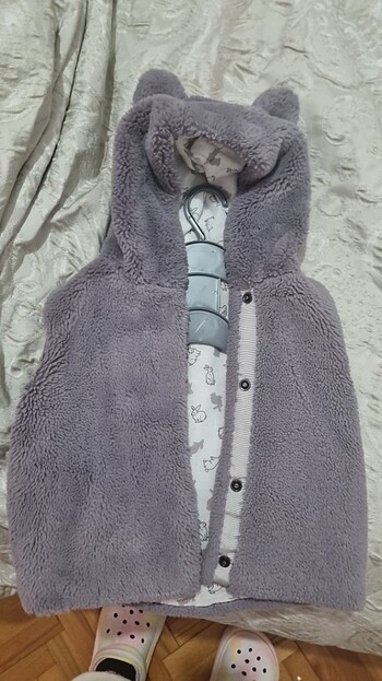 Peluş yelek kız çocuk mor-griye dönük 