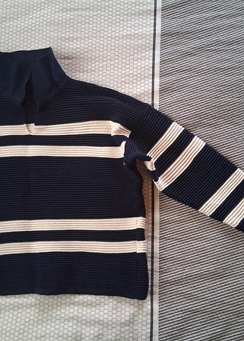 Çizgili Boğazlı Mavi Kadın Kazak - Görsel 4