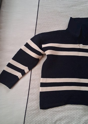 Çizgili Boğazlı Mavi Kadın Kazak - Görsel 3