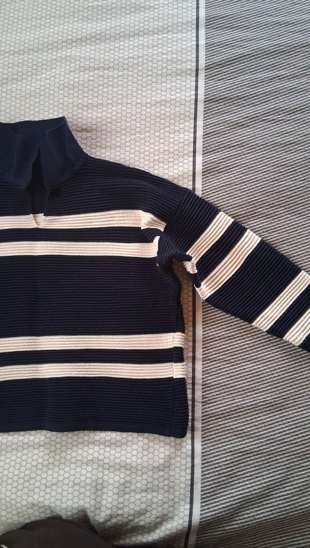 Çizgili Boğazlı Mavi Kadın Kazak - Görsel 4