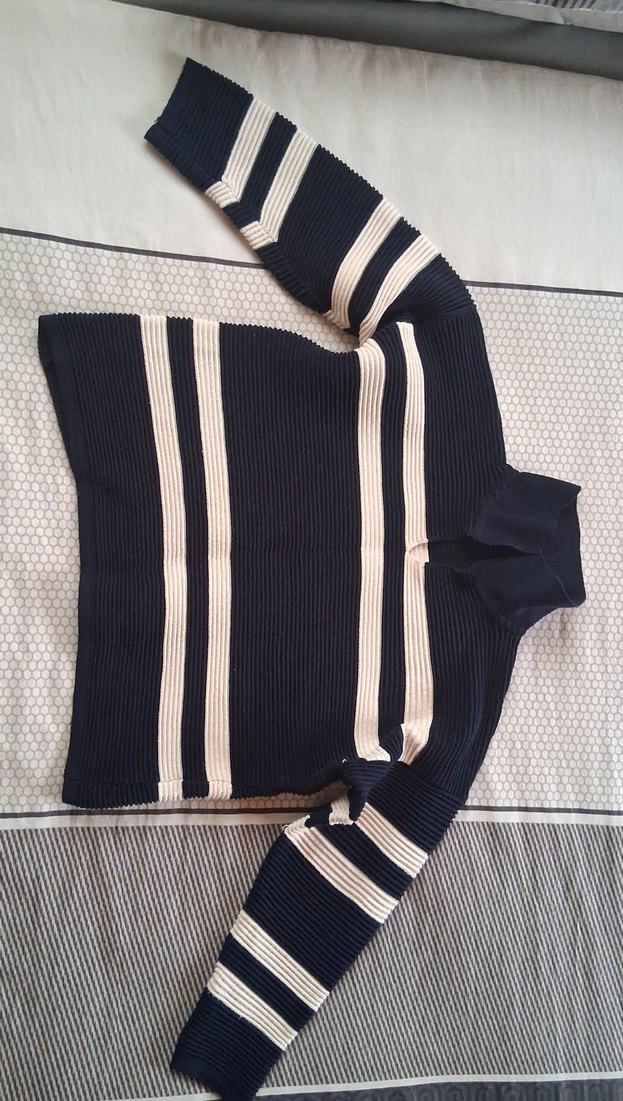 Çizgili Boğazlı Mavi Kadın Kazak - Görsel 2