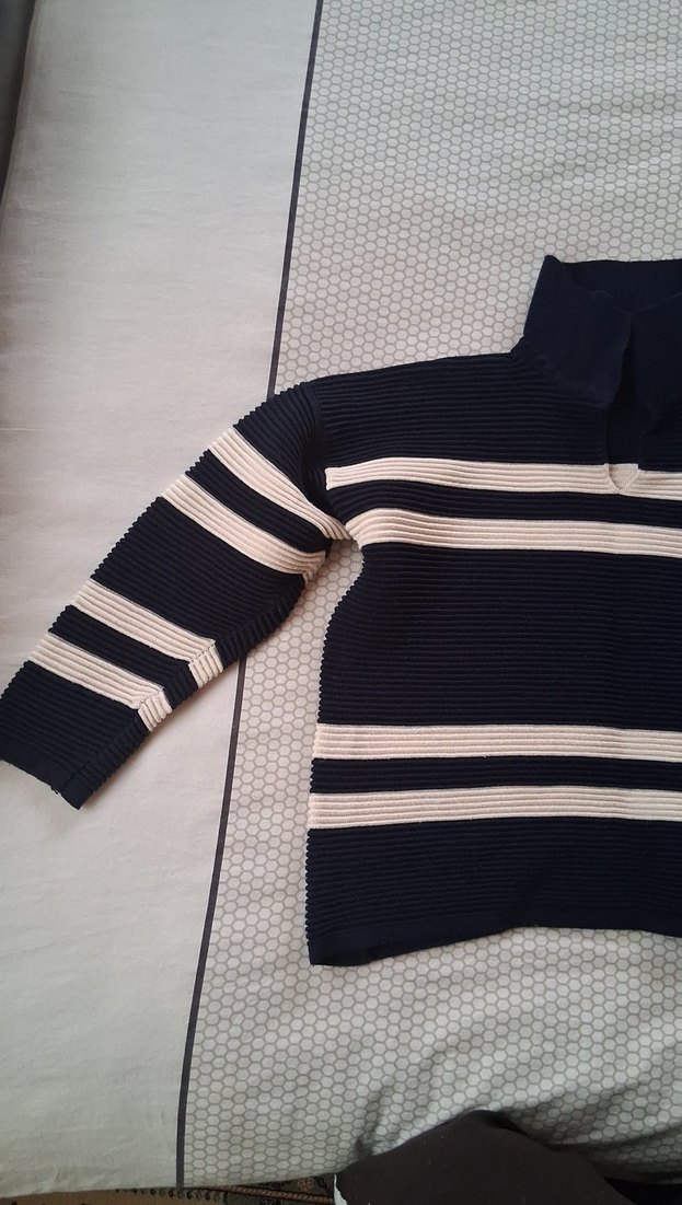 Çizgili Boğazlı Mavi Kadın Kazak - Görsel 3