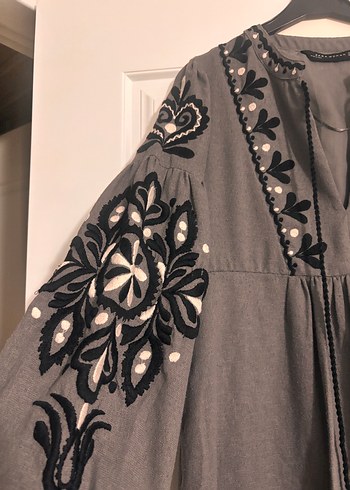 Zara Zara Gri Nakışlı Uzun Bohem Elbise