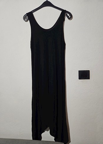 Siyah Keten Askılı Uzun Salaş Elbise - Görsel 3