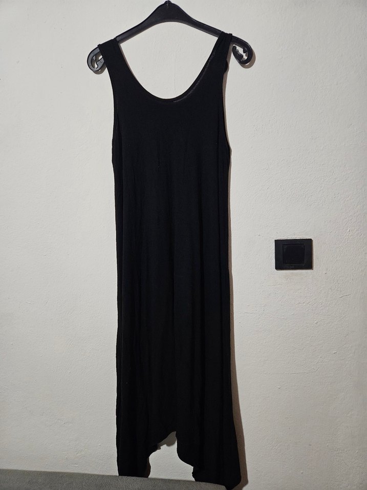 Siyah Keten Askılı Uzun Salaş Elbise - Görsel 3