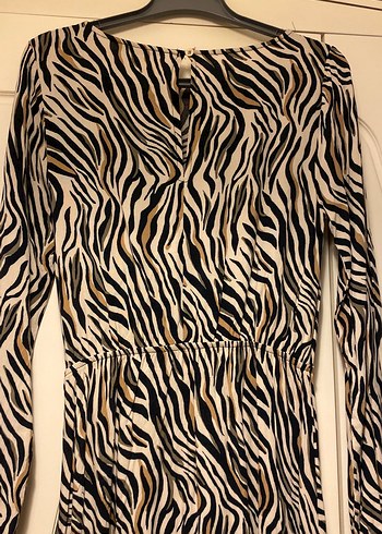 s Beden Kahverengi yeşil krem Zebra Desenli Uzun Elbise