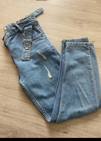 Kız çocuk Mavi Denim Kemerli Bol Kesim Jean pantolon