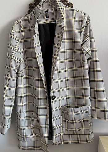 Ekose Desenli Gri Kadın Blazer Ceket