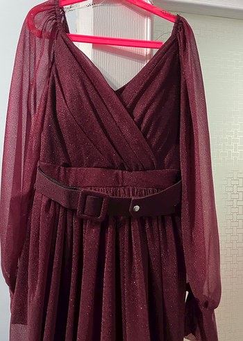 Bordo Uzun Drapeli V Yaka Kadın Elbise - Görsel 4