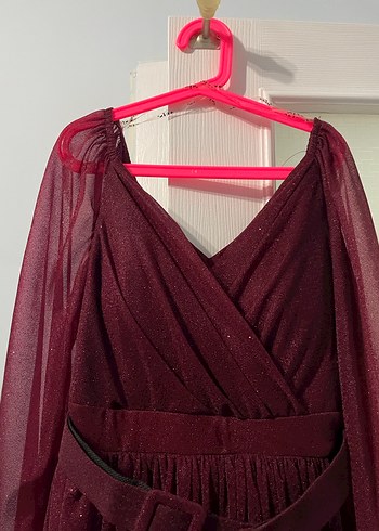 Bordo Uzun Drapeli V Yaka Kadın Elbise - Görsel 2