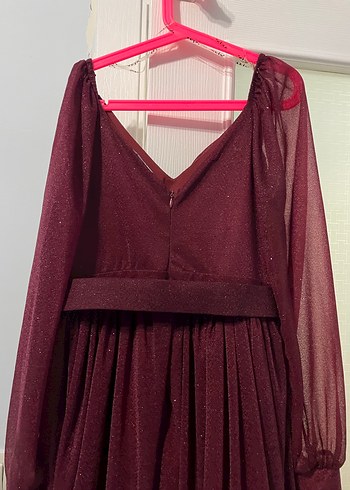 Bordo Uzun Drapeli V Yaka Kadın Elbise - Görsel 6