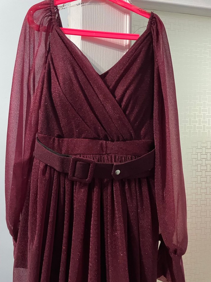 Bordo Uzun Drapeli V Yaka Kadın Elbise - Görsel 4