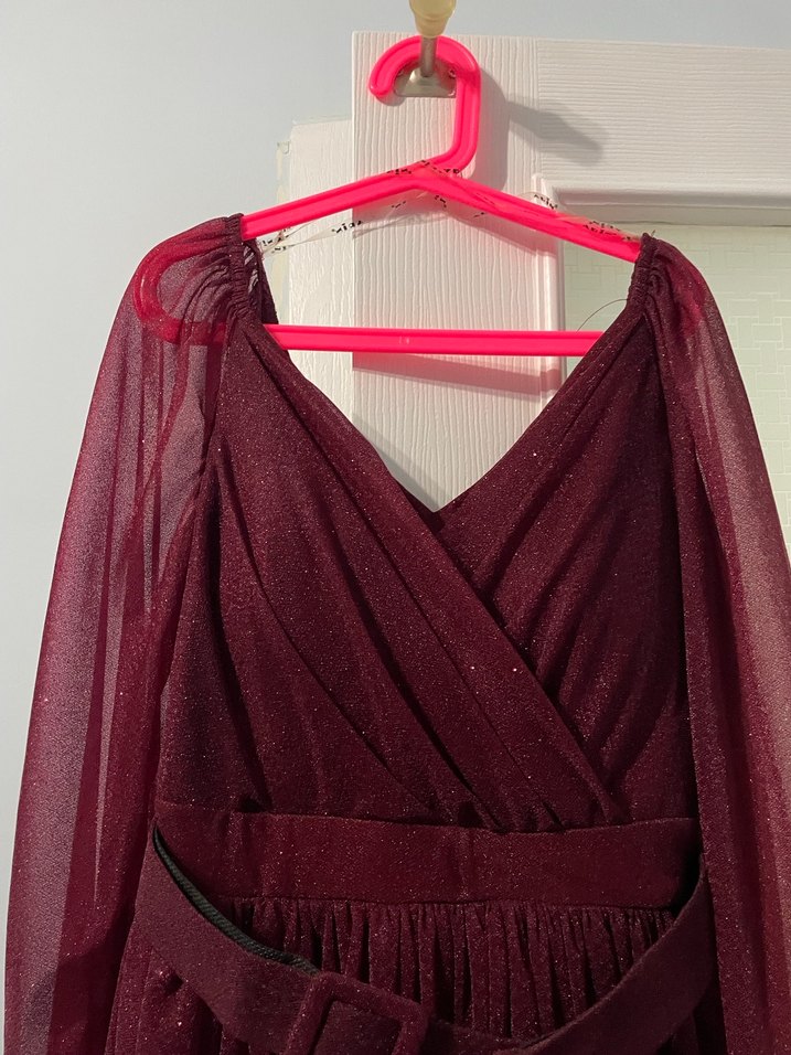 Bordo Uzun Drapeli V Yaka Kadın Elbise - Görsel 2