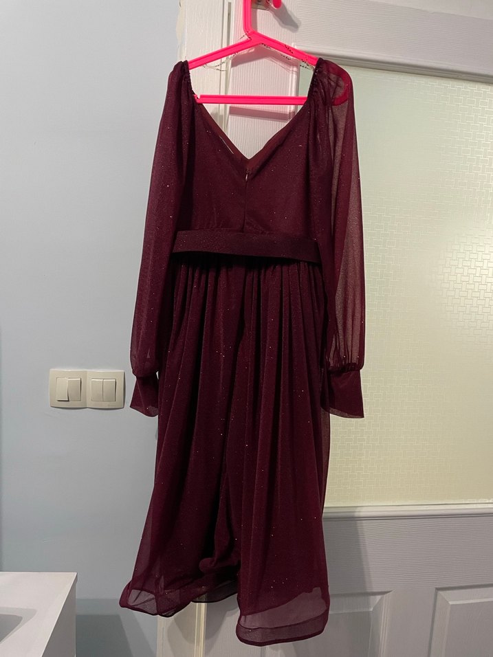 Bordo Uzun Drapeli V Yaka Kadın Elbise - Görsel 5