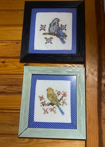 Pastel Mavi Çerçeveli Kanaviçe Kuş Motifleri - Görsel 2