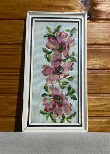 Pembe Çiçek İşlemeli Çerçeveli Tablo - Görsel 2