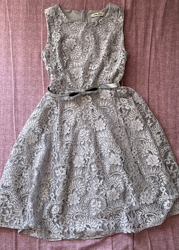 Diğer Gri Dantel Midi Vintage Abiye Elbise