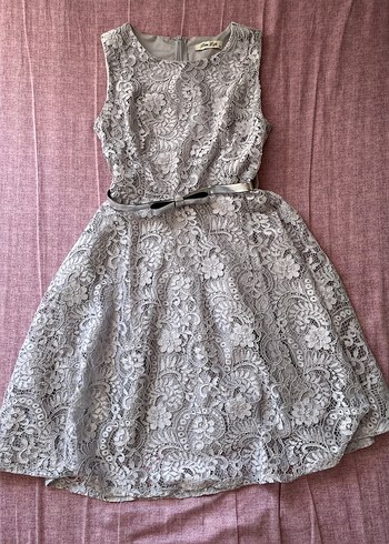 Gri Dantel Midi Vintage Abiye Elbise