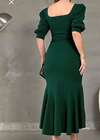 Yeşil Drapeli Uzun zümrüt yeşil  elbise - Görsel 2