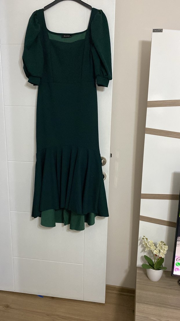 Yeşil Drapeli Uzun zümrüt yeşil  elbise - Görsel 3