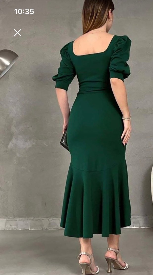 Yeşil Drapeli Uzun zümrüt yeşil  elbise - Görsel 2