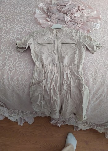 Kemerli Kısa Keten Tulum - Görsel 8