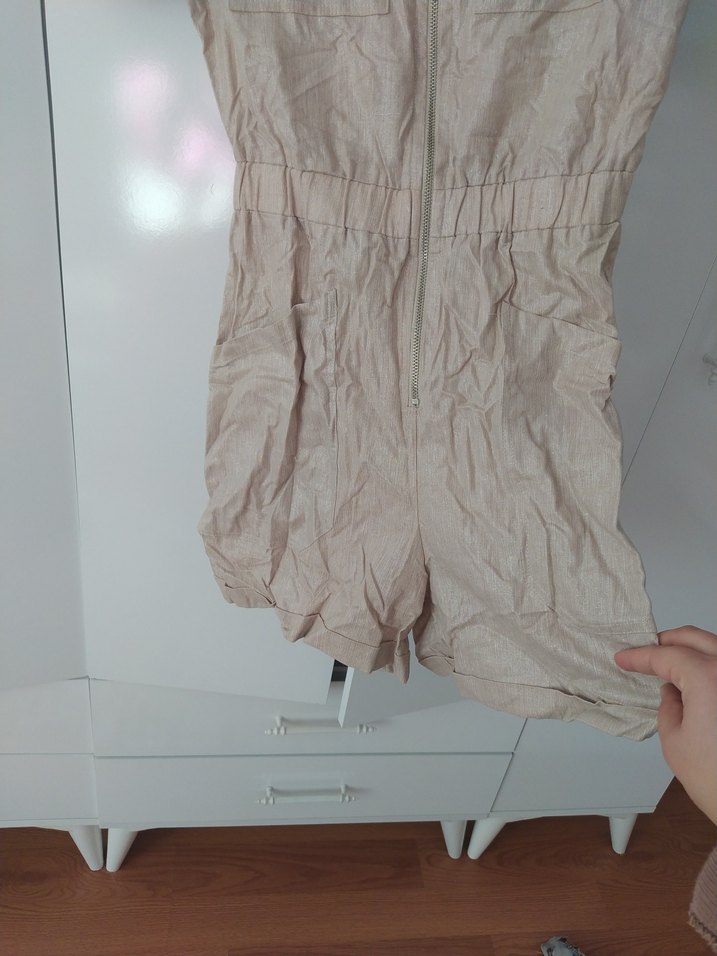 Kemerli Kısa Keten Tulum - Görsel 5