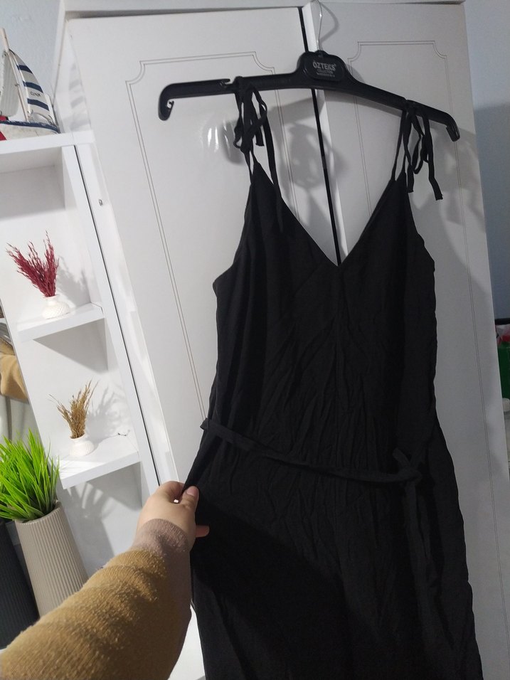 Siyah Drapeli Uzun Kadın Tulum - Görsel 3