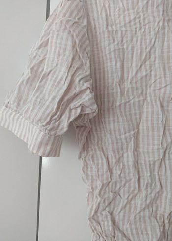 Bej Kısa Kollu Keten Mini Gömlek - Görsel 3